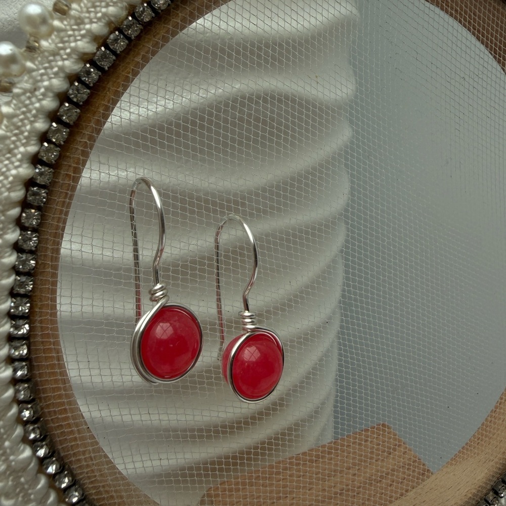 Berry Pink Jade Wire Wrapped Minimalist Silver Earrings - Picture 3 of 9